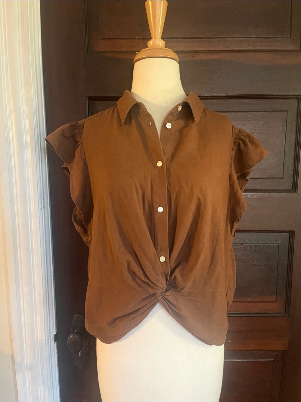Gap XL Linen-Blend Preppy Cropped Twist-Front Button Down Shirt